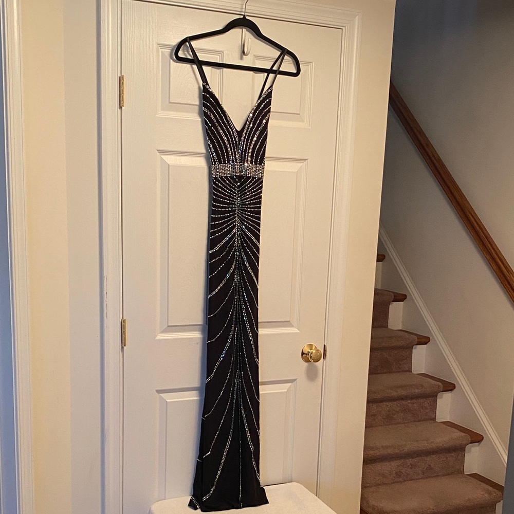 NIKBK Elegant Black Spaghetti Strap Gown with Silver Accents…size S